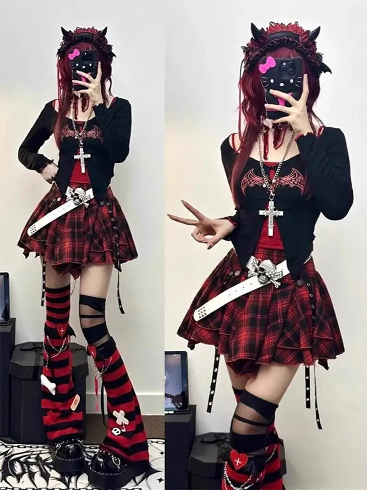Millennium Hot Girl Red Plaid Puffy Skirt Women's Summer Subculture Uneven Sash Pleated  Skirt High Waist A-Line Skirt