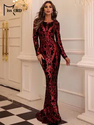 Missord Red Floral Sequin Prom Dresses Elegant Women O-Neck Long Sleeve Bodycon Maxi Party Dress Formal Evening Gown