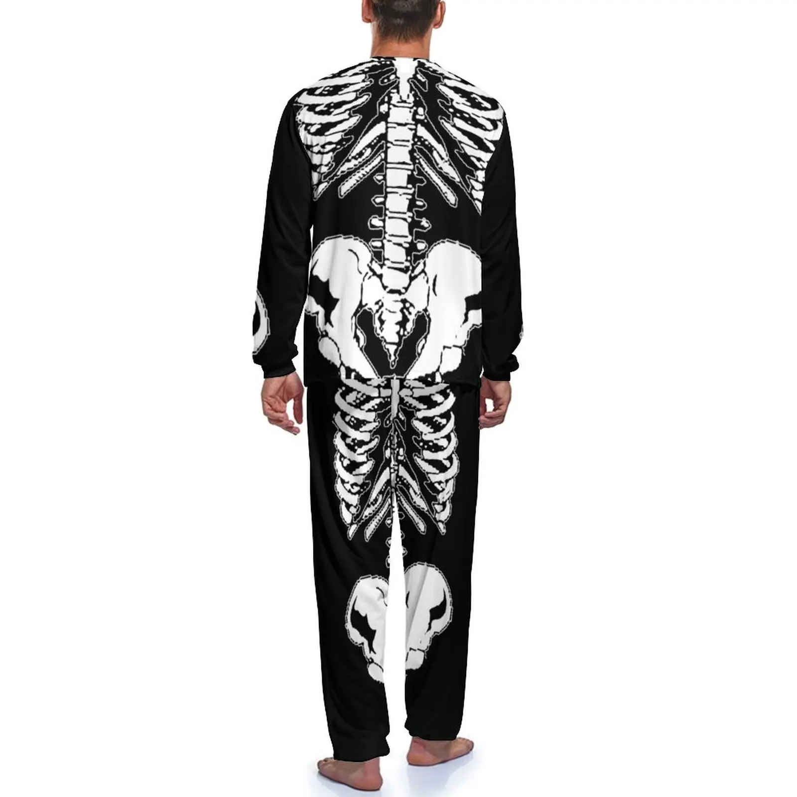 Halloween Skeleton Pajamas Men Rib Cage and Pelvis Spooky Warm Sleepwear Spring Long Sleeve 2 Pieces Casual Printed Pajamas Set