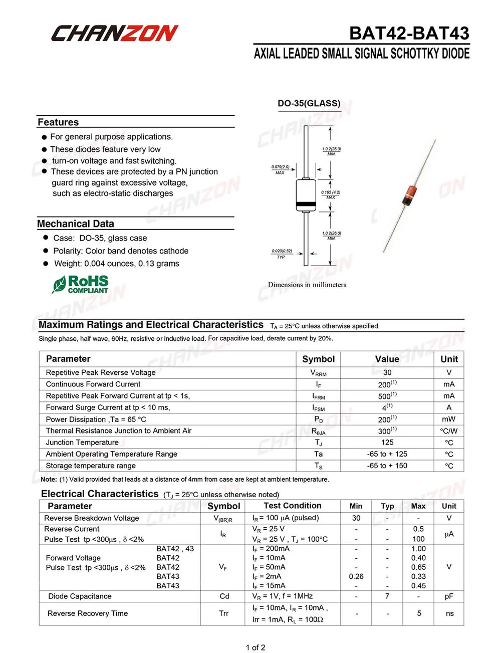 50 Pcs BAT43 Schottky Barrier Rectifier Diodes 200mA 30V DO-35 DO-204AH Axial 0.2A 30 Volt Small Signal Switching