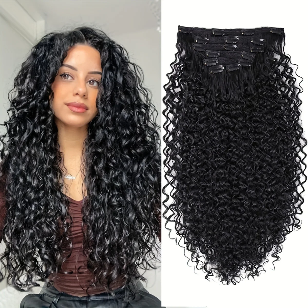 Synthetic Curly Clip in Hair Extensions Kinky Curly Hairpieces Clip on Full Head Fake Pieces Black Brown Hair for Women