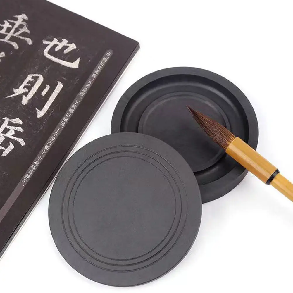 Traditional Chinese Calligraphy Inkstone Round Ink Well Lid Natural Stone Practice Painting Tray Accessory Practice Painting