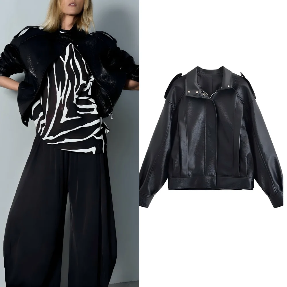 

Женская новая модная черная повседневная универсальная текстурированная куртка из искусственной кожи, пальто в стиле ретро с длинными рукавами на молнии, женское пальто, шикарный топ