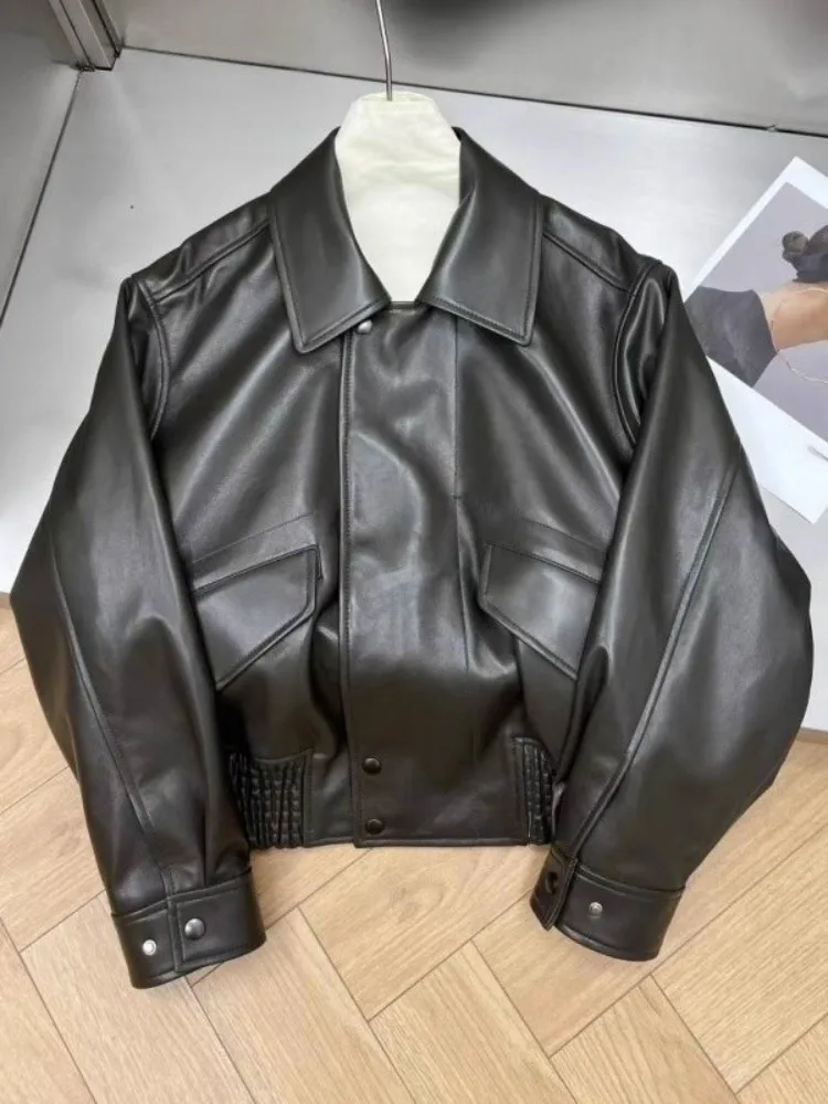 Women Casual Genuine Leather Short Jacket Loose Fit Streetwear Single Breasted High Quality Natural Sheepskin Motorcycle Coat