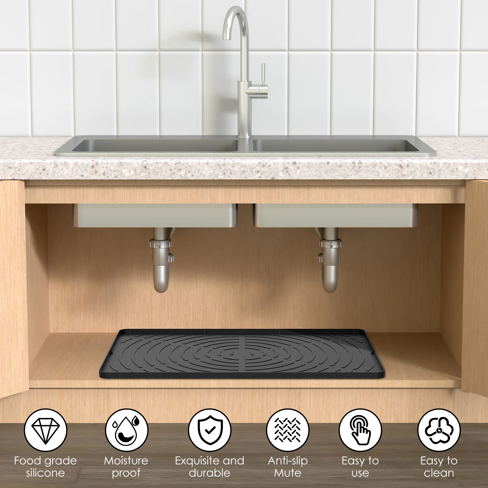 Kitchen Under Sink Mat Flexible Silicone Under Sink Protector Waterproof Cabinet Protector Tray Pet Feeding Mat Square Drain Pad