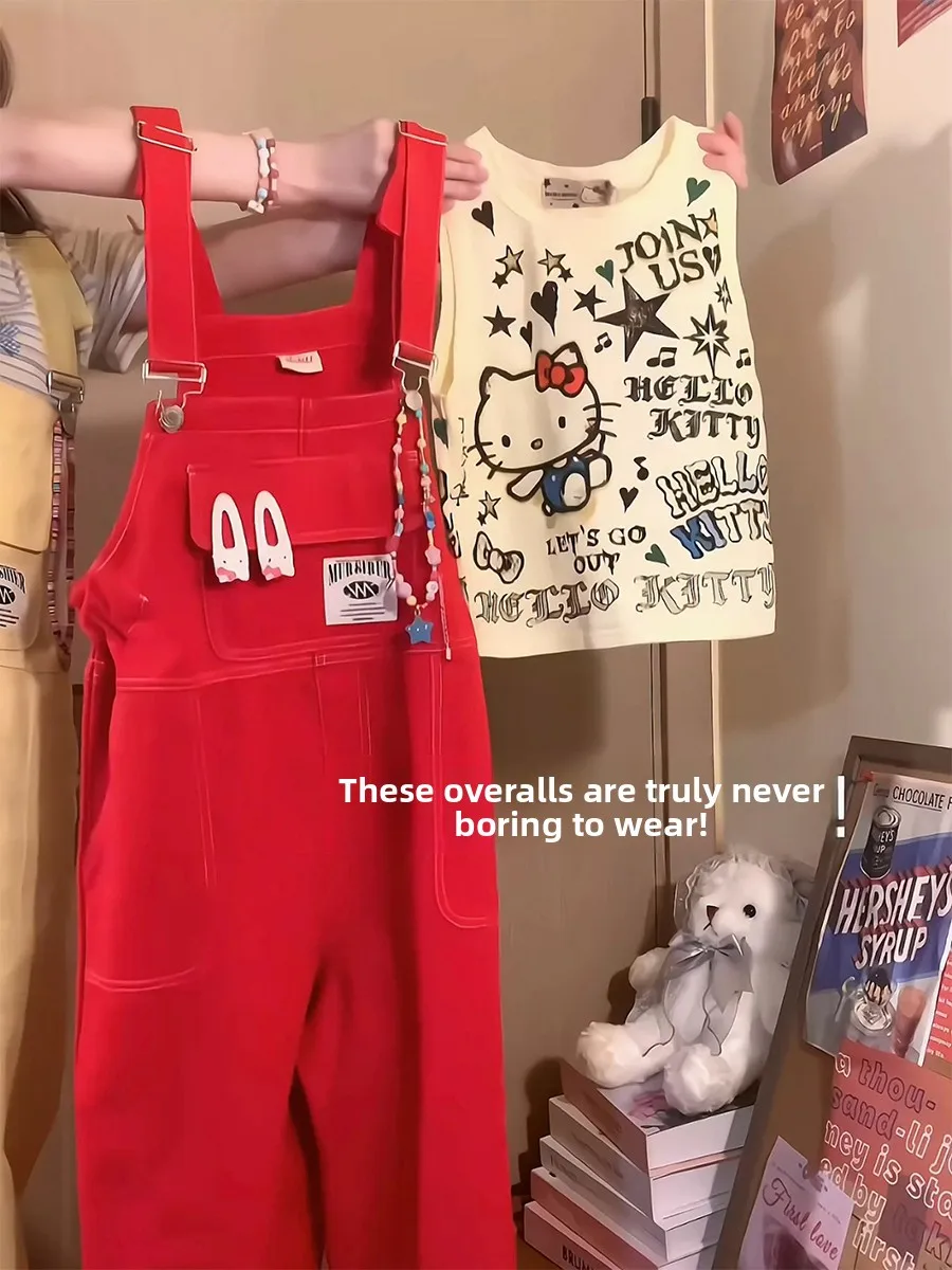 

American Retro High Street Red Denim Overalls Women's Summer New Loose Versatile Straight Leg Wide Leg Strap Pants