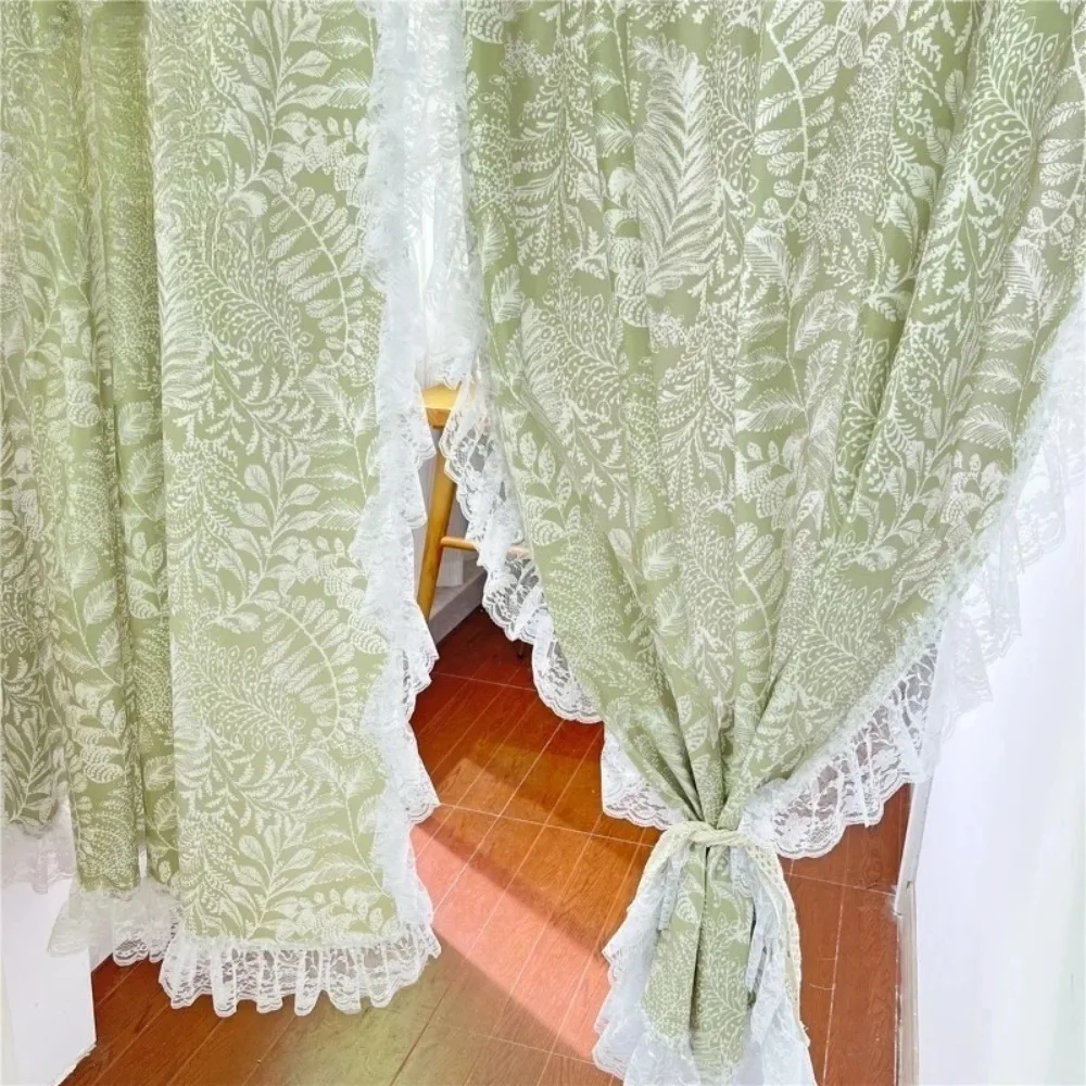 Luxury Retro Ruffled Gauze Curtains for Living Room Partition Window Screen Floral Door Background Cover Decorative Drape