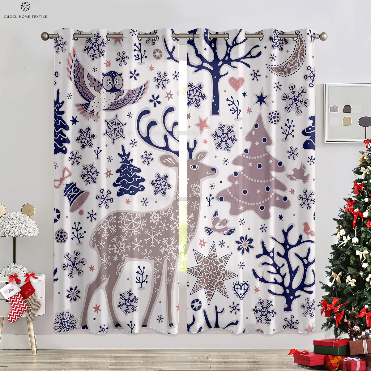 

Christmas Decoration Curtains Cartoon Elk Snowflake Santa Claus Print Children's Room Holiday Party Decoration Curtains 2 Pieces