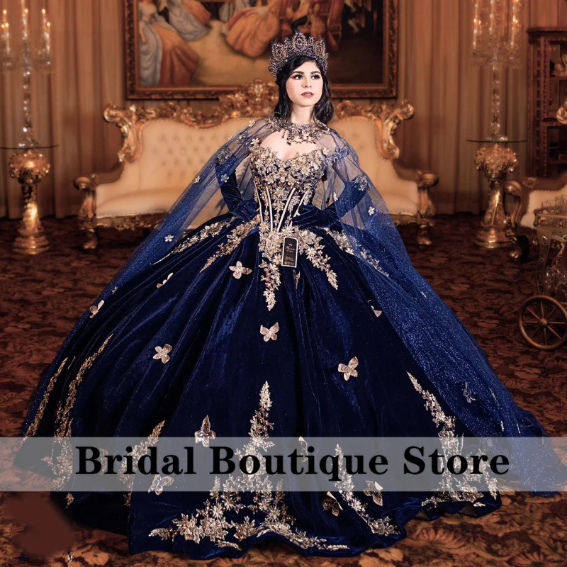 Gaun biru dongker Quinceanera dengan jubah dua sarung tangan manis 16 gaun kupu-kupu applique kristal gaun pesta