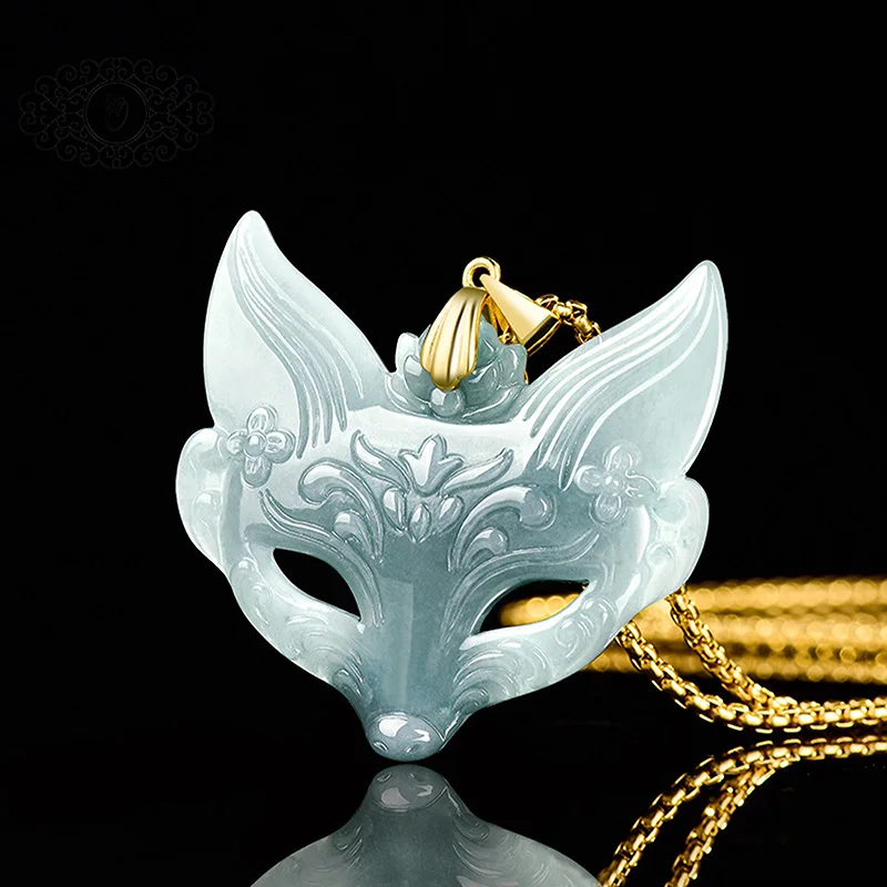 

Hand-Carved Fox Mask Jade Pendant, Icy Blue Water Jade with Ornate Gold Bail, Unique Mythical Creature Necklace