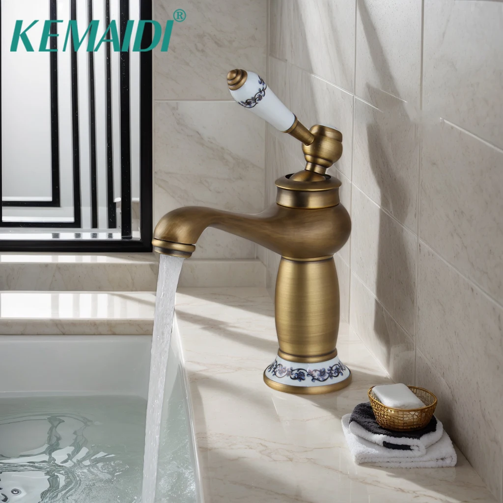 KEMAIDI Antique Brass Bathroom Faucet with Ceramic Handle Elegant Vintage Basin Tap for Bathroom Decoration Hot Cold Water Mixer