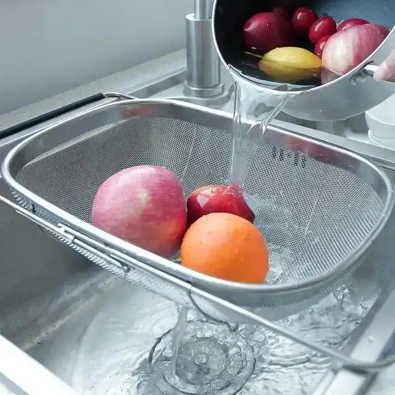 Retractable Drain Basket Rubber Grip Handles Oval Colander Sink Vegetables Draining Rack Home Storage Basket Stainless Steel