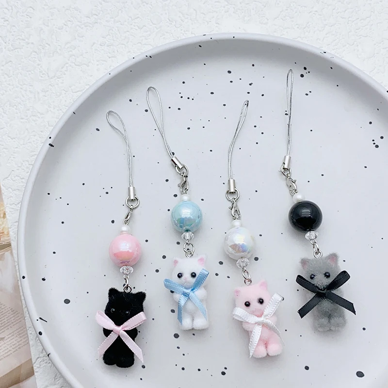 1PC Furry Kitten Embracing Bow Sparkling Beads Keychain Handmade Y2k Women Fashion Girl Bag Pendant