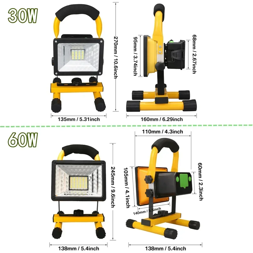 30W/60W LED Portable Rechargeable Floodlight Waterproof Spotlight Battery Powered Searchlight Outdoor Work Lamp Camping Lantern