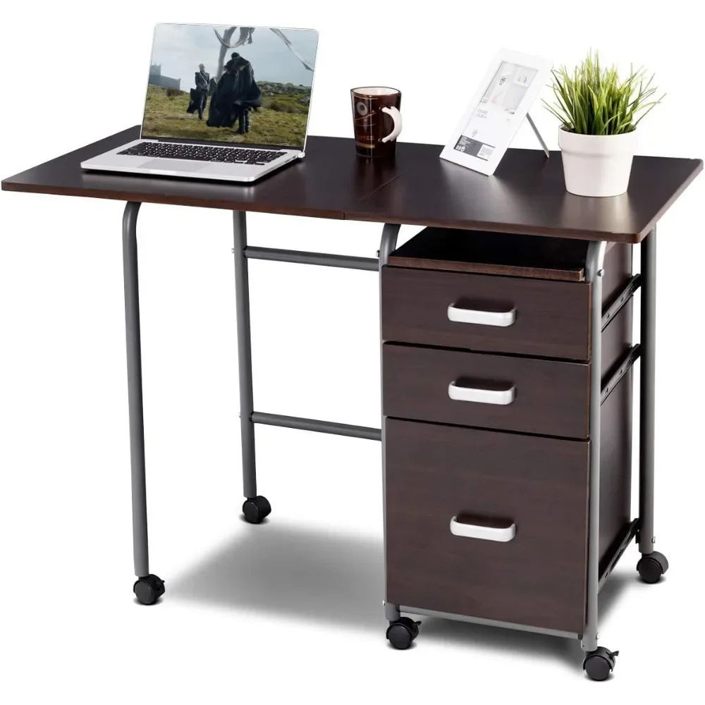 Folding Computer Desk with 3 Drawers, Mobile Home Office Desk, Portable Laptop Desk Writing Table, Space Saving Compact