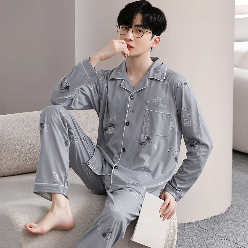 

2023 New Autumn Long Sleeve Cotton Print Pajama Sets for Men Korean Loose Sleepwear Pyjama Male Loungewear Homewear Home Clothes