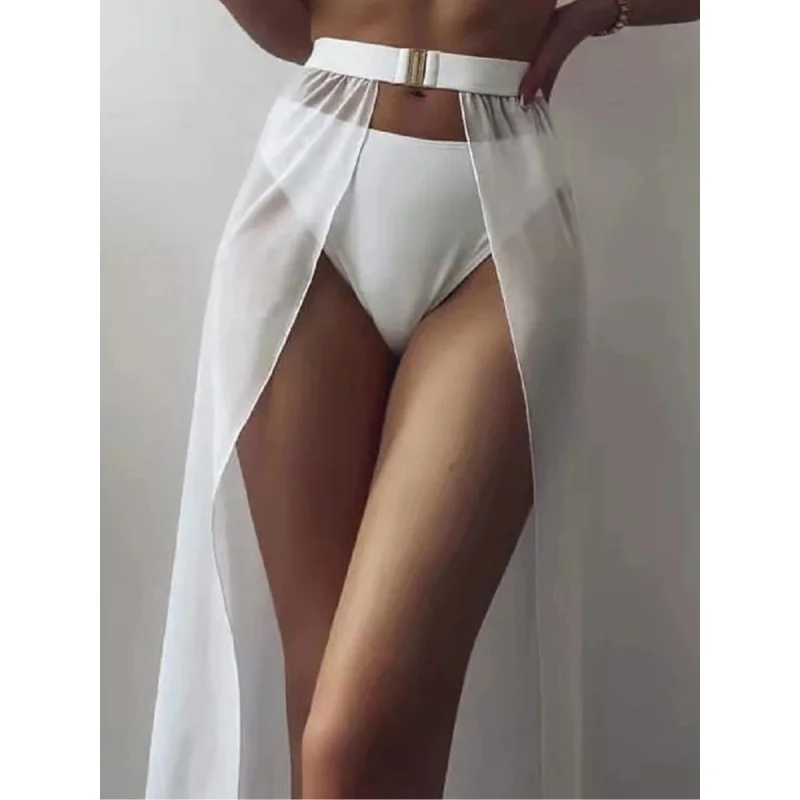 Malha sólida ver através de praia cobrir mulheres sexy cintura alta fenda saia longa verão 2025 nova moda casual senhora saias cobrir ups