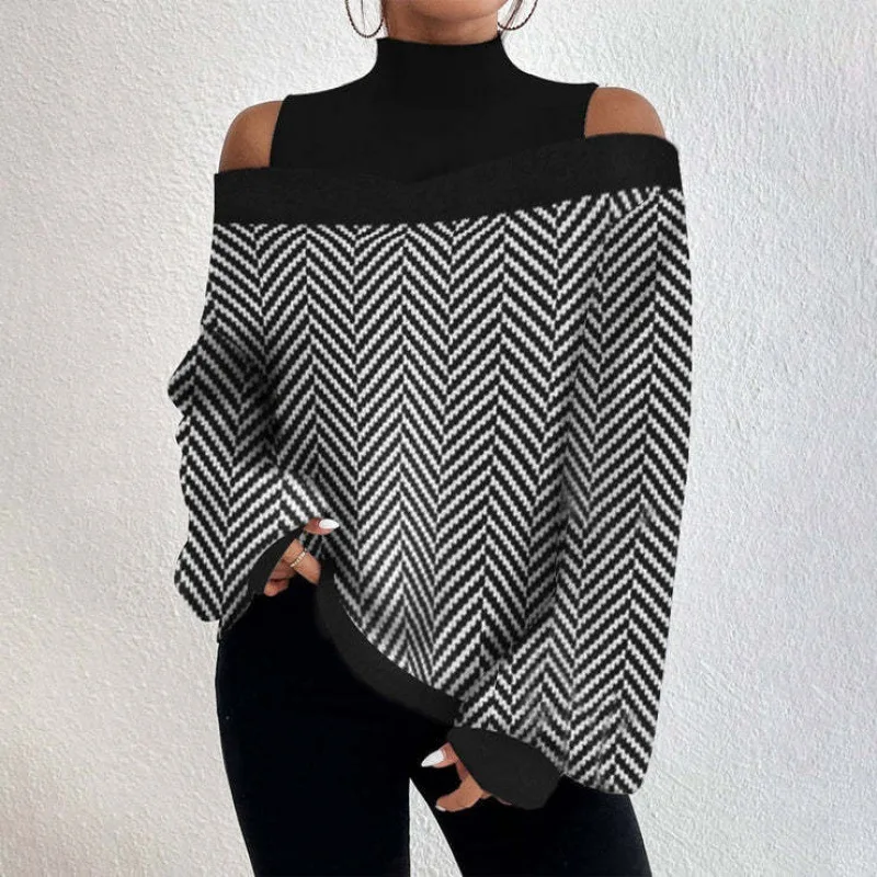 2024Ladies Long Sleeve Turtleneck Tops Women Sexy Off Shoulder Hollow Out Loose Printing T-shirt 2024 Autumn Fashion T-shirt Top