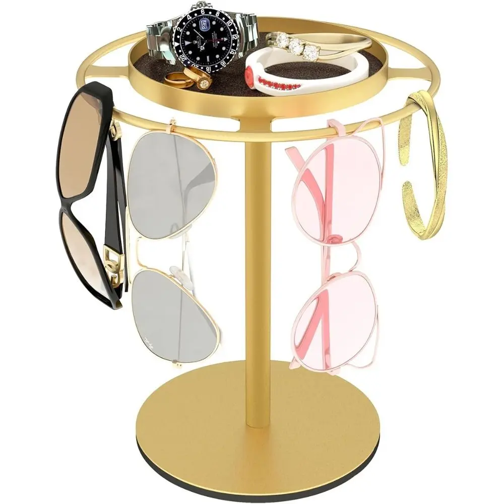 رف نظارات شمسية منظمات معدنية 360 درجة °   حامل نظارات دوار من الفولاذ المقاوم للصدأ، صينية قابلة للإزالة، تصميم أنيق، رف عرض النظارات