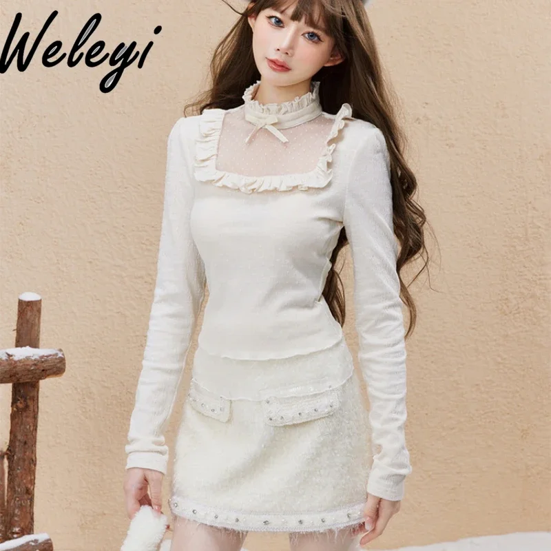 

Vintage Sweet Ruffled Bottom Shirt Ladies Fall Clothes Women French Fungus Edge Lace Slim Fit Blouses for Women Blusa Feminina