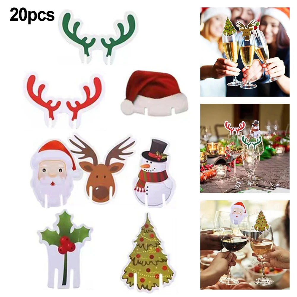 20pcs Christmas Wine Glass Card Red Wine Glass Deer Insert Card  2025 New Year Holiday Home Ornament Christmas Decorations