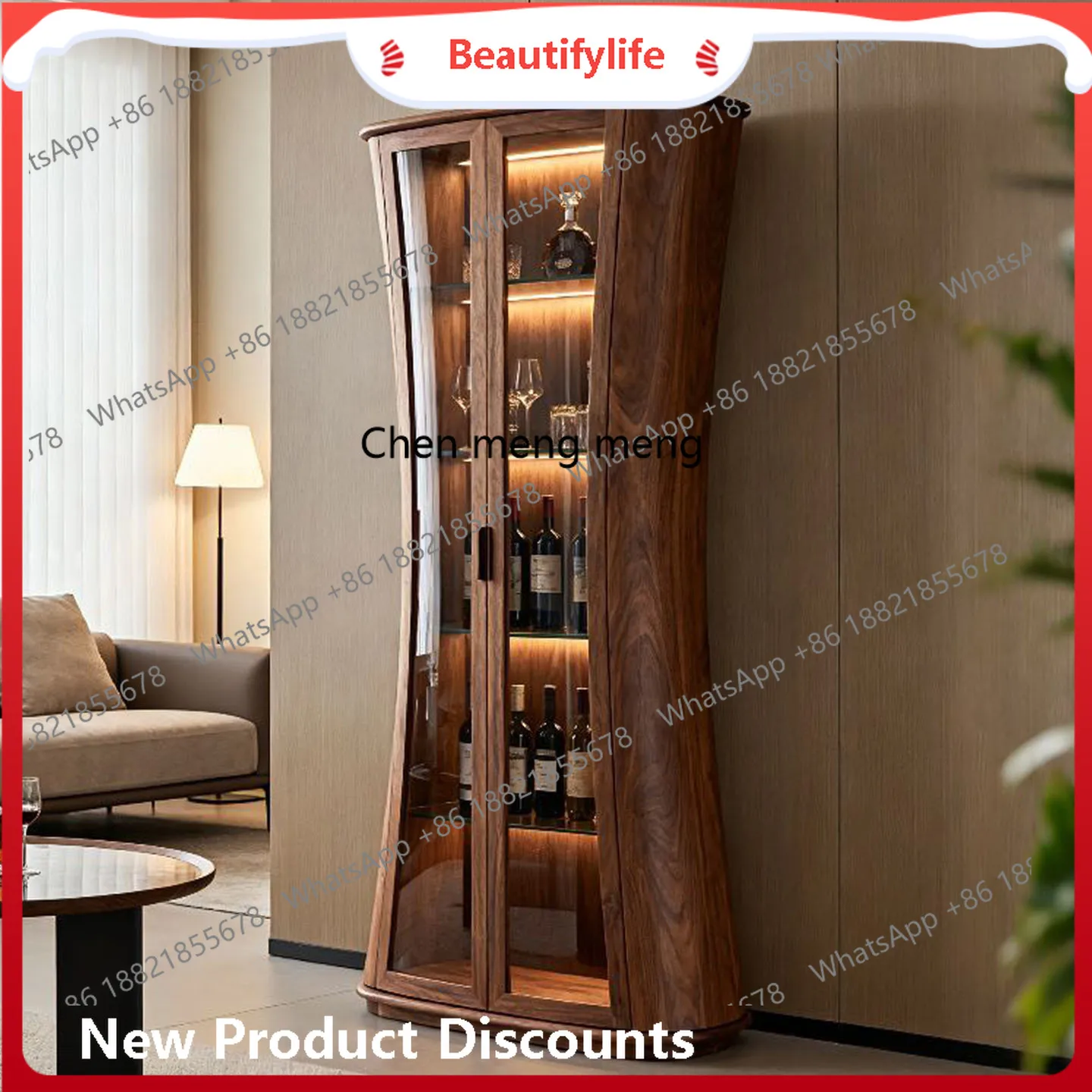 

Italian minimalist North American black walnut wine cabinet, living room, solid wood glass display cabinet H