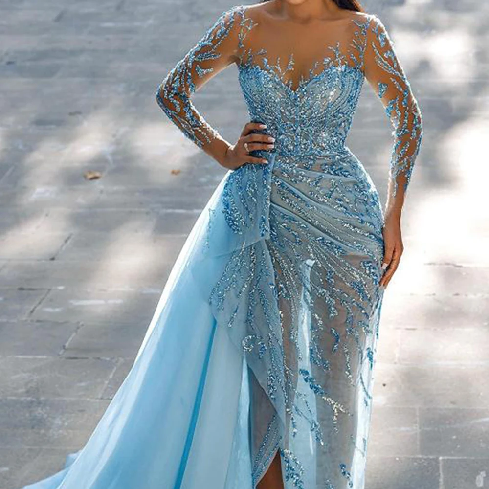 Blue Gillter Sequined Beading Evening Dresses Full Sleeves High Side Split Mermaid Formal Party Prom Gowns Vestido De Fiesta