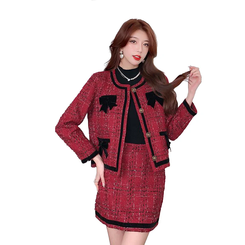 

Red tweed jacket+ skirt set 2024 spring / autumn women's Tweed suit o-neck short jacket fish tail skirt tweed fabric set