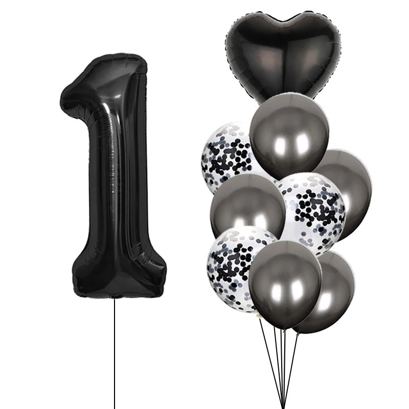 10pcs 32inch Black Number Heart Foil Balloons Happy Birthday Party Decorations Kids Girl Boy 1 2 3 4 5 6 7 8 9 Year Old Supplies