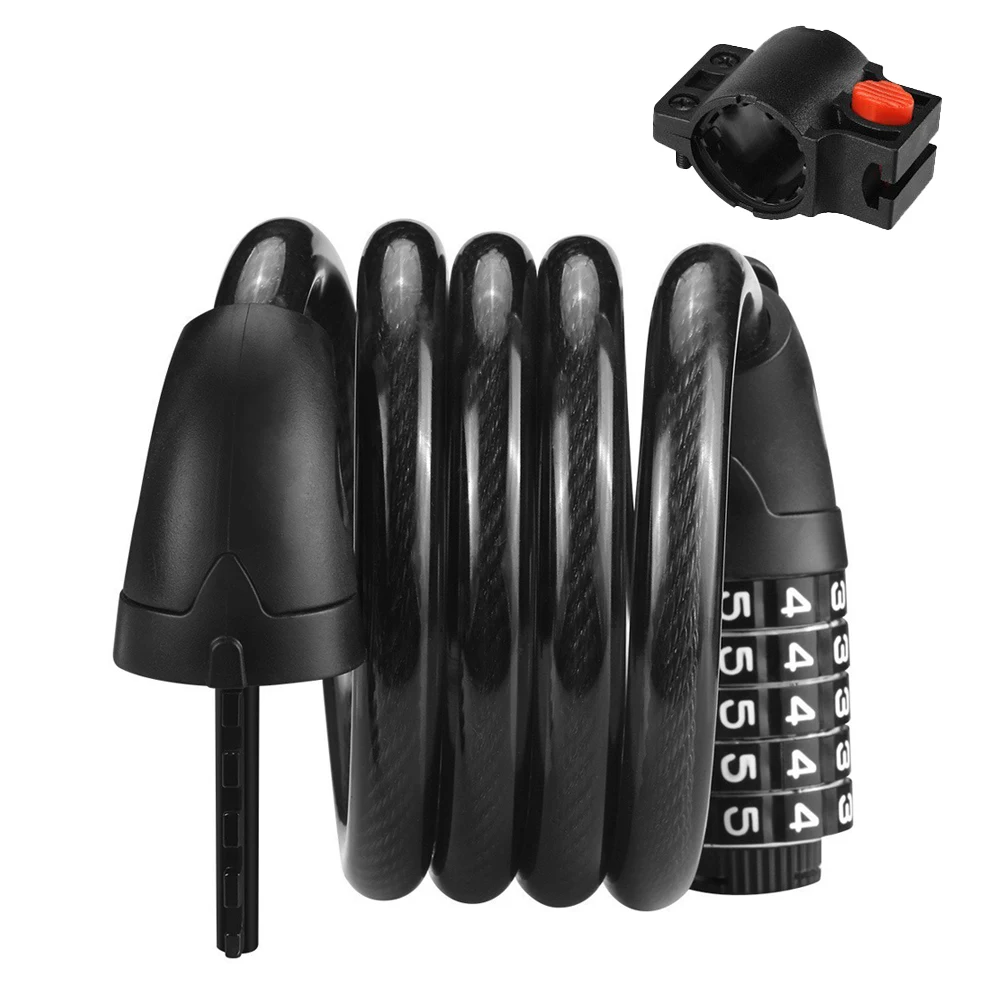 115cm Coiled Bike Cable Lock Anti-Theft 5-Digit Resettable Combination Bicycle Lock with Mounting Bracket for MTB Scooter