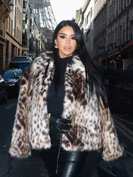 HH 2024 Woman Lapel Long Sleeves Side Pockets Casual Coat Women Winter Leopard Print Faux Fur Loose Slim Warm Coat Mujer