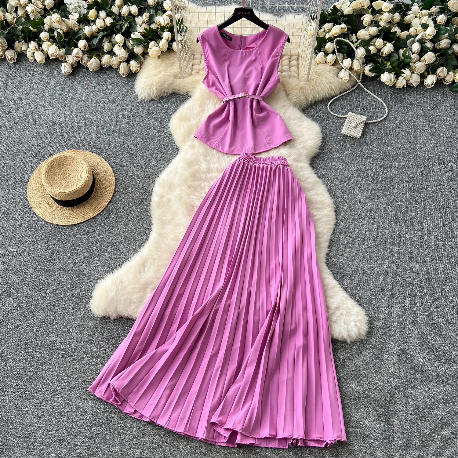 

2025 New Summer Women White long Skirt Suit Sleeveless O-neck crop top pleated set elegant dress 2 piece skirt set
