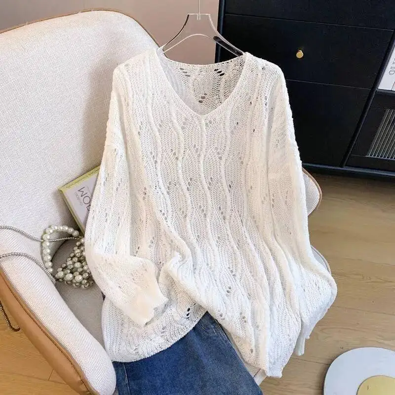 

Autumn New Hollow Out Jumpers Female Vintage Loose Long Sleeve Knitted Sweaters For Women Y K Grunge Aesthetic Pullovers Tops