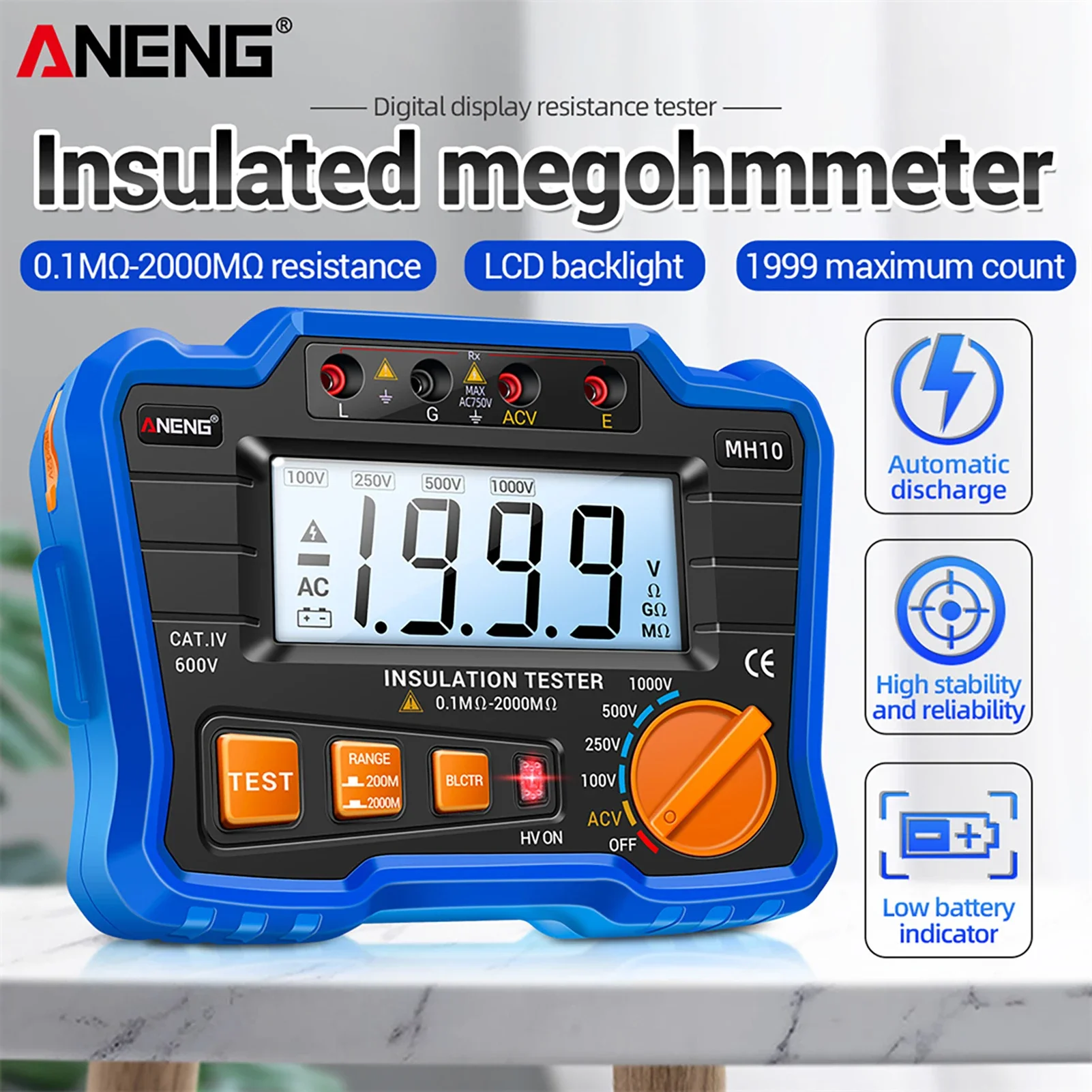 ANENG MH10 Digitales Megohmmeter, Isolationswiderstandstester, 100 V/250 V/1000 V, Voltmeter, LCD-Display, Multimeter