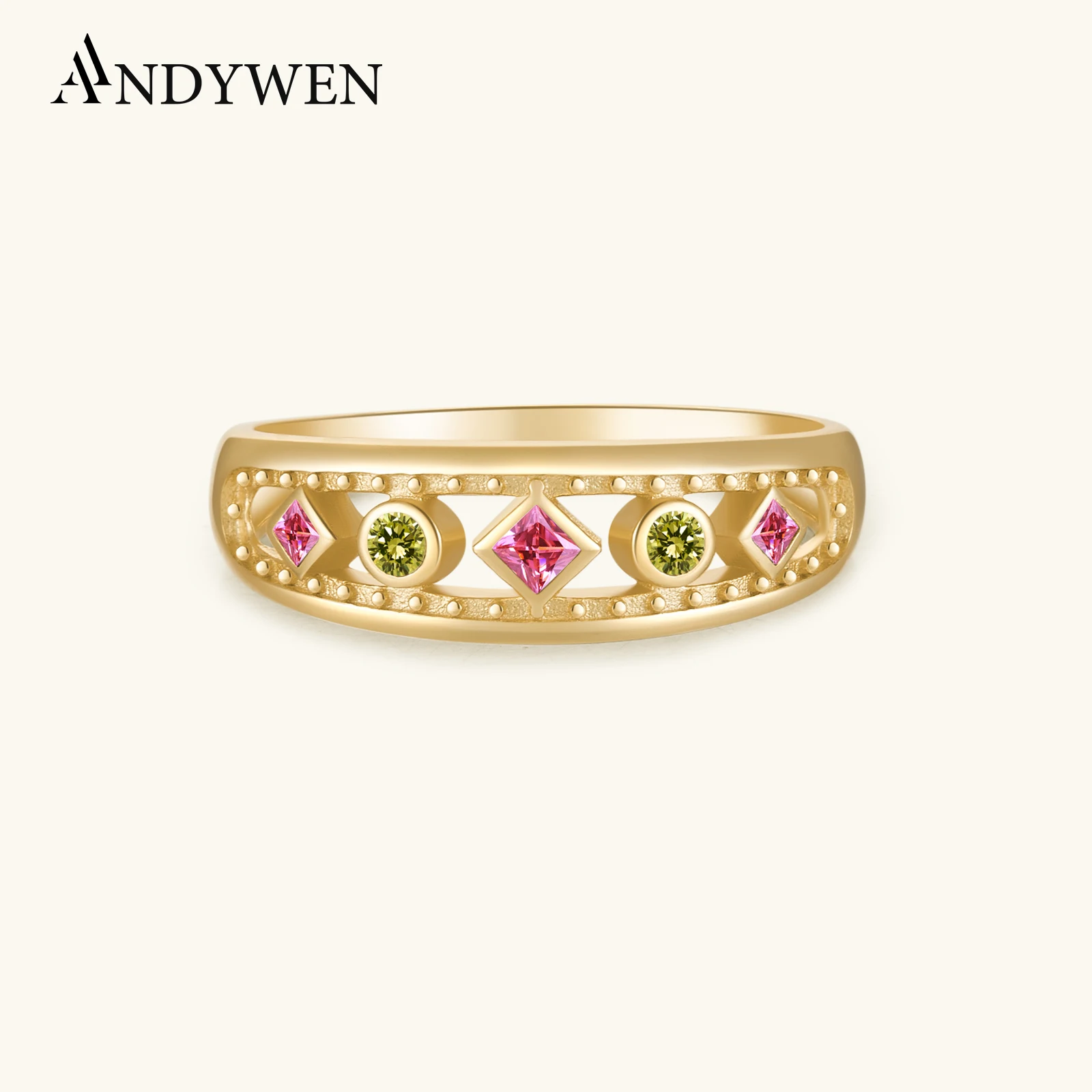 ANDYWEN 925 Sterling Silver Four Zircon Gruby duży pierścionek ETRUSCAN Kobiety Rock Punk Moda Drobna biżuteria 2021 Ślub Okrągłe klejnoty