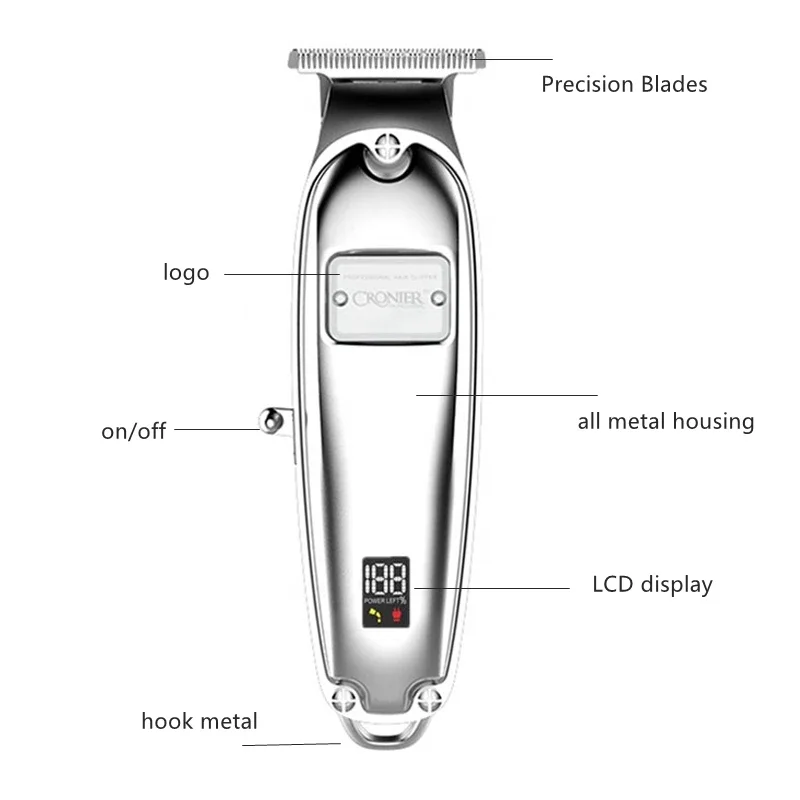 ปัตตาเลี่ยนตัดผม LED สําหรับผู้ชายที่มีตัวเรือนโลหะ เครื่องมือร้านตัดผมมืออาชีพ เครื่องตัดขนไฟฟ้ามอเตอร์ทรงพลัง