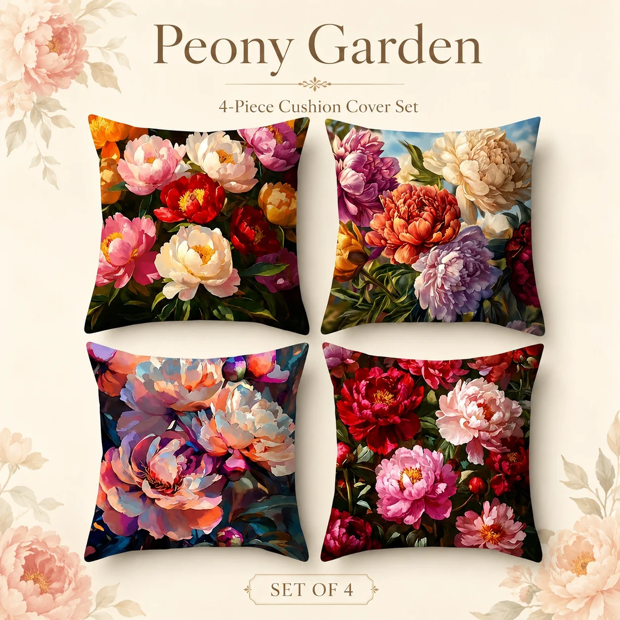 

4Pcs Aesthetic Peony Bouquet Pillowcase Peach Skin 2D Flat Printed Flower Cushion Covers Coussin Room Decor For Chair