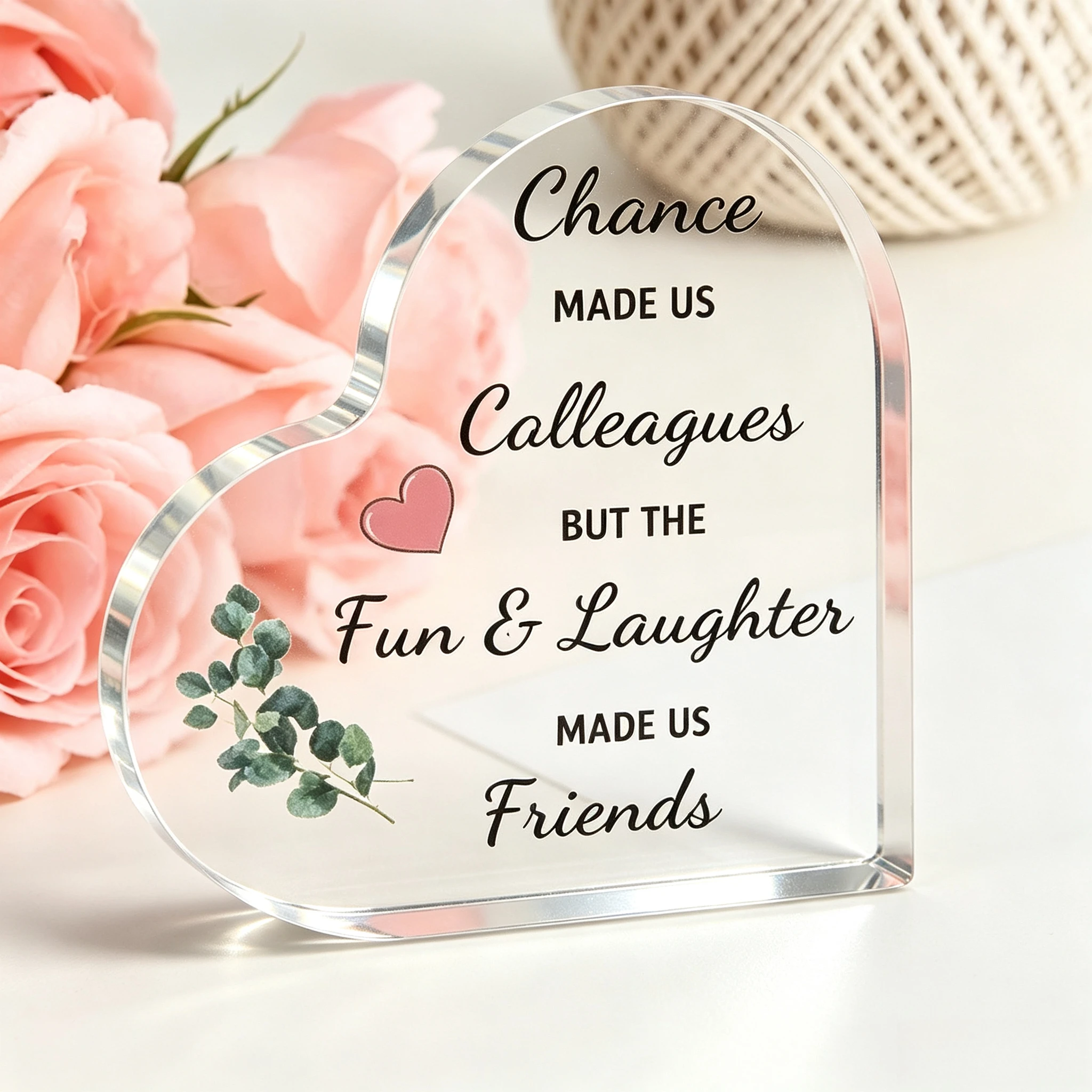 Colleague To Friend Heart‑Shaped Acrylic Sign, Floral Eucalyptus Desktop Thank‑You Ornament