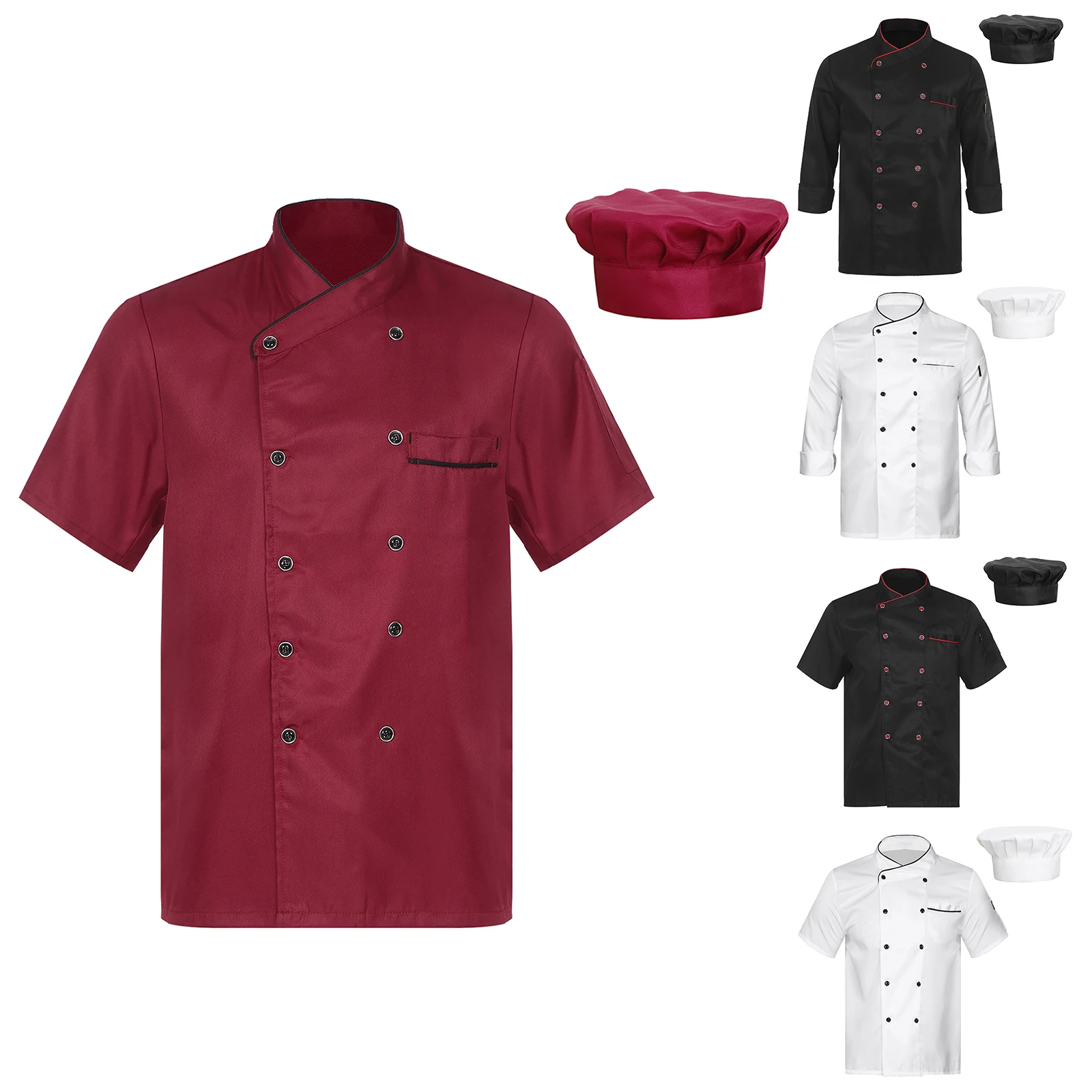 Men Womens Chef Coat Kitchen Work Uniform with Hat Double-Breasted Cooks Cooking Jackets for Canteen Restaurant Hotel Bakeshop