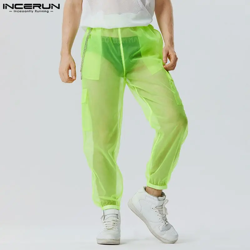 INCERUN pantaloni da uomo maglia trasparente Joggers tasche Sexy elastico in vita pantaloni larghi uomo Streetwear 2023 moda Pantalon S-5XL