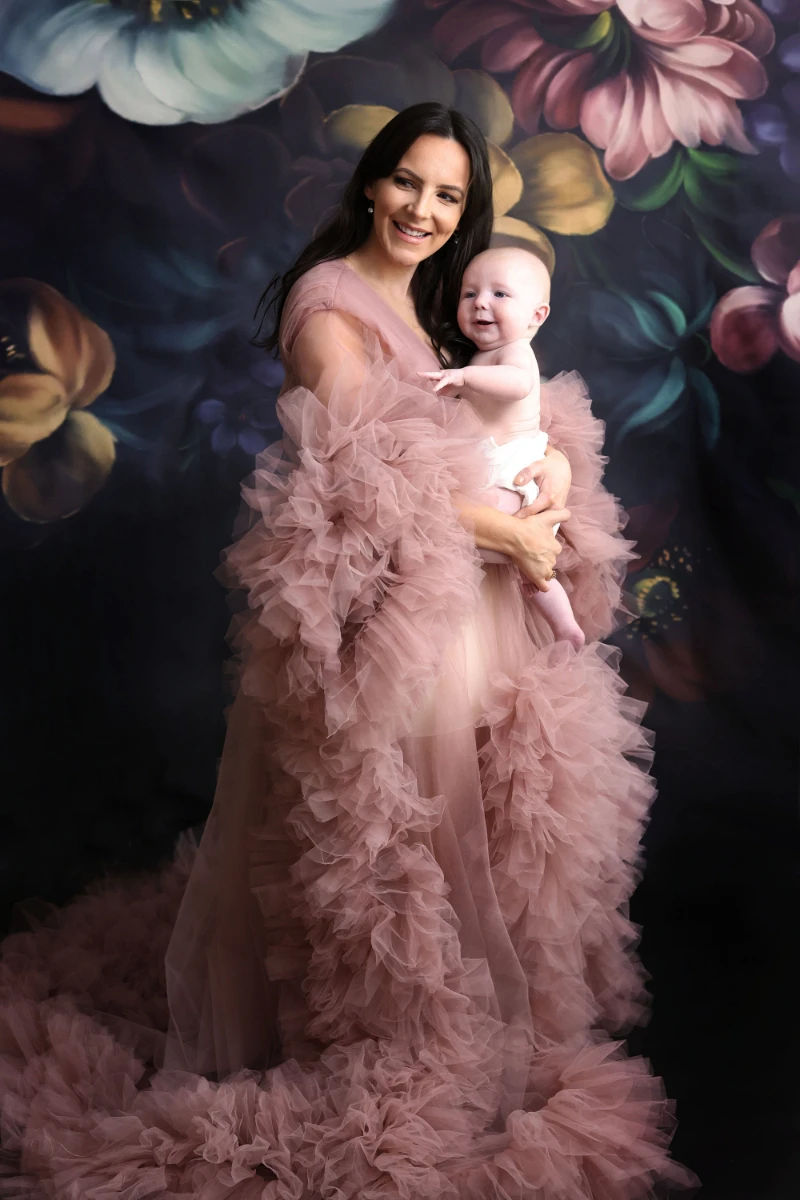 18040#Luxury Ruffled Tulle Robe Long Maternity Dress for Photoshoots Cardigan V-neck Open Front Pregnant Pink Women Dresses