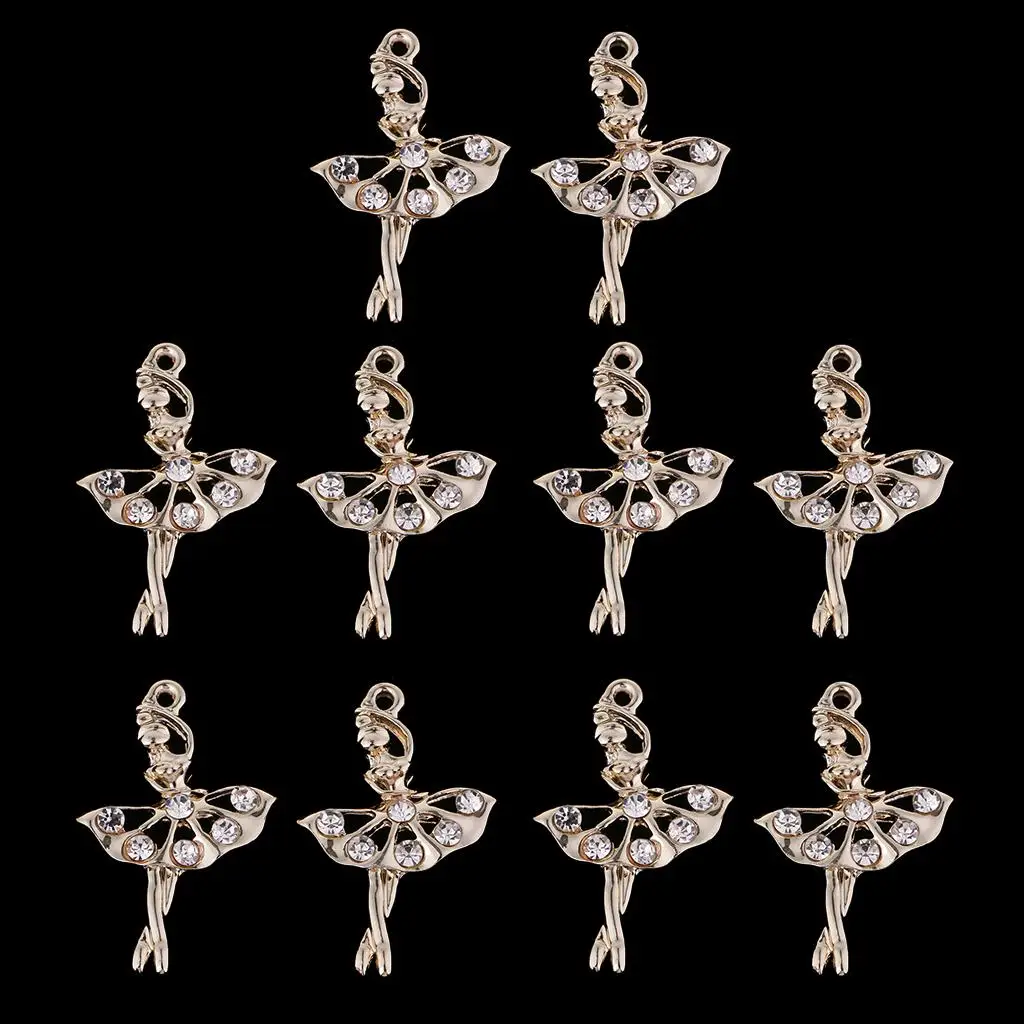 10Pcs Rhinestone Fairy Ballet Dancer Ballerina Girl Gold Color Alloy Charms Necklace Pendant DIY Jewellery Making for Women Girl