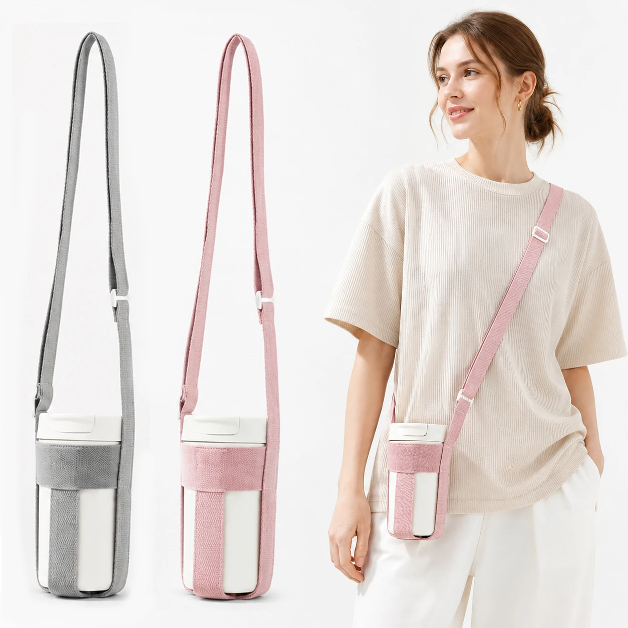 Water Bottle Carrier Bag Polyester Crossbody Cup Holder Strap Adjustable Shoulder Sling for Travel Walking Outdoor Sports Use