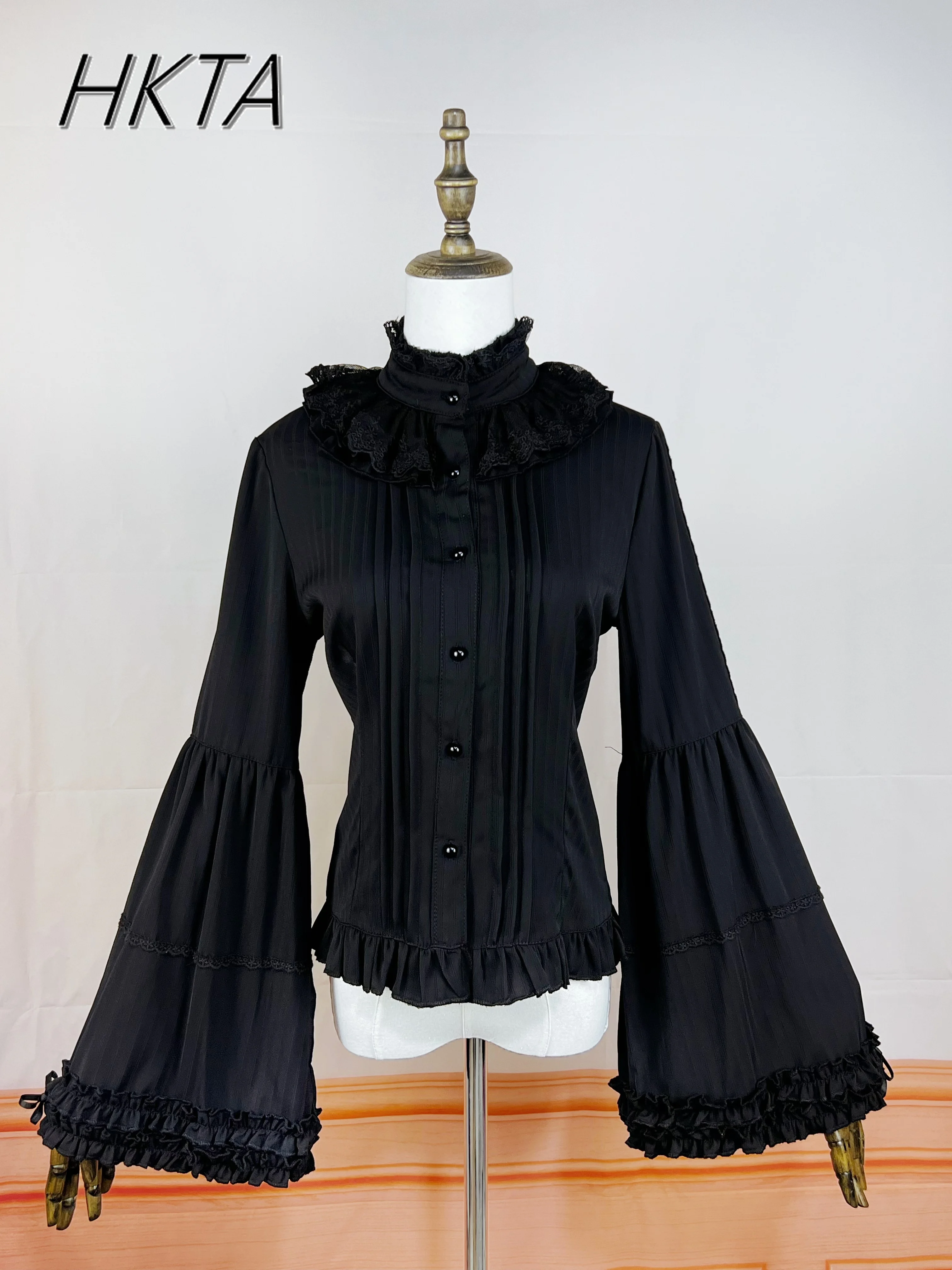 

Lolita Stand Up Collar Long Flared Sleeve Chiffon Lace Bow Black Shirt Spring Goth Punk Style Singing White Top Y2k Blouse Women