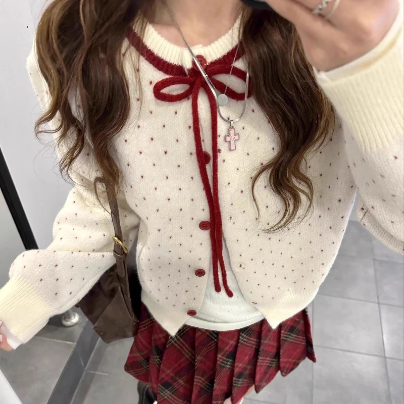 

Korean Sweet Polka Dot Knitted Sweater Cardigan Women Design Fashion O Neck Y2k Jacket Tops Chic Preppy Style Retro Outfits New
