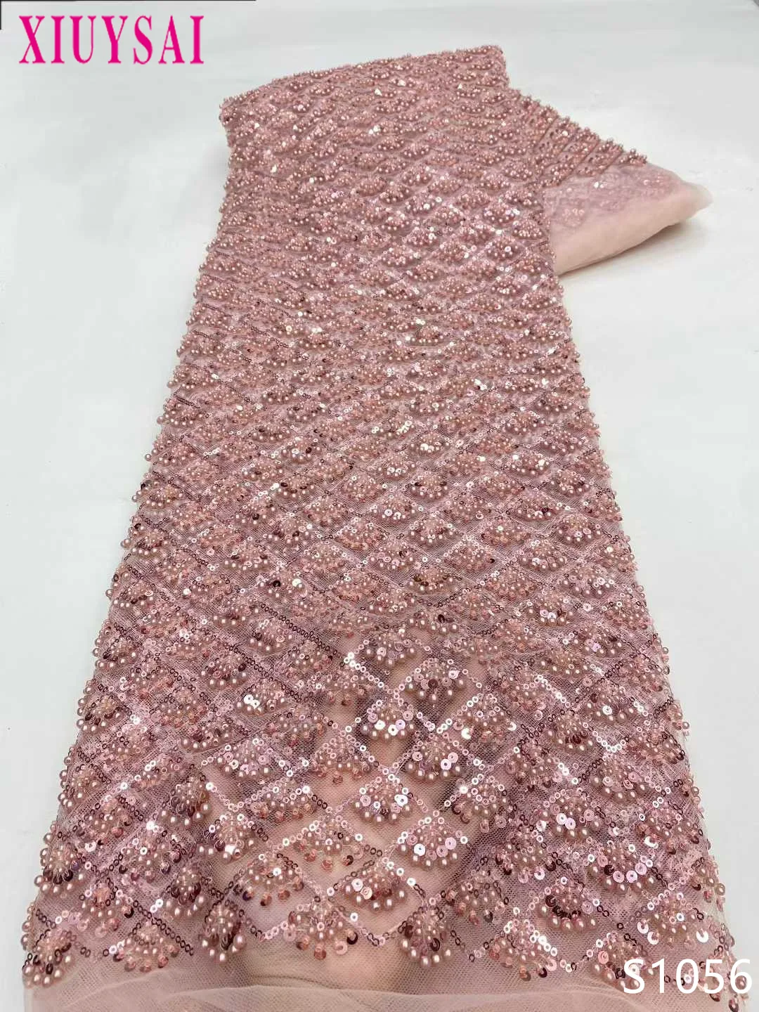 

African Beaded Lace Fabrics for Wedding, White Bridal Lace Material with Sequins, High Quality, 5 Yards