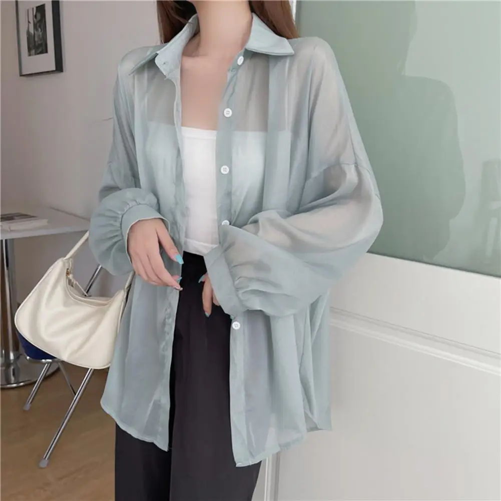 See through Blouse Stylish Women\'s Sun Chiffon Jacket Long Sleeve Button Down Shirt Outerwear for Summer for Ladies