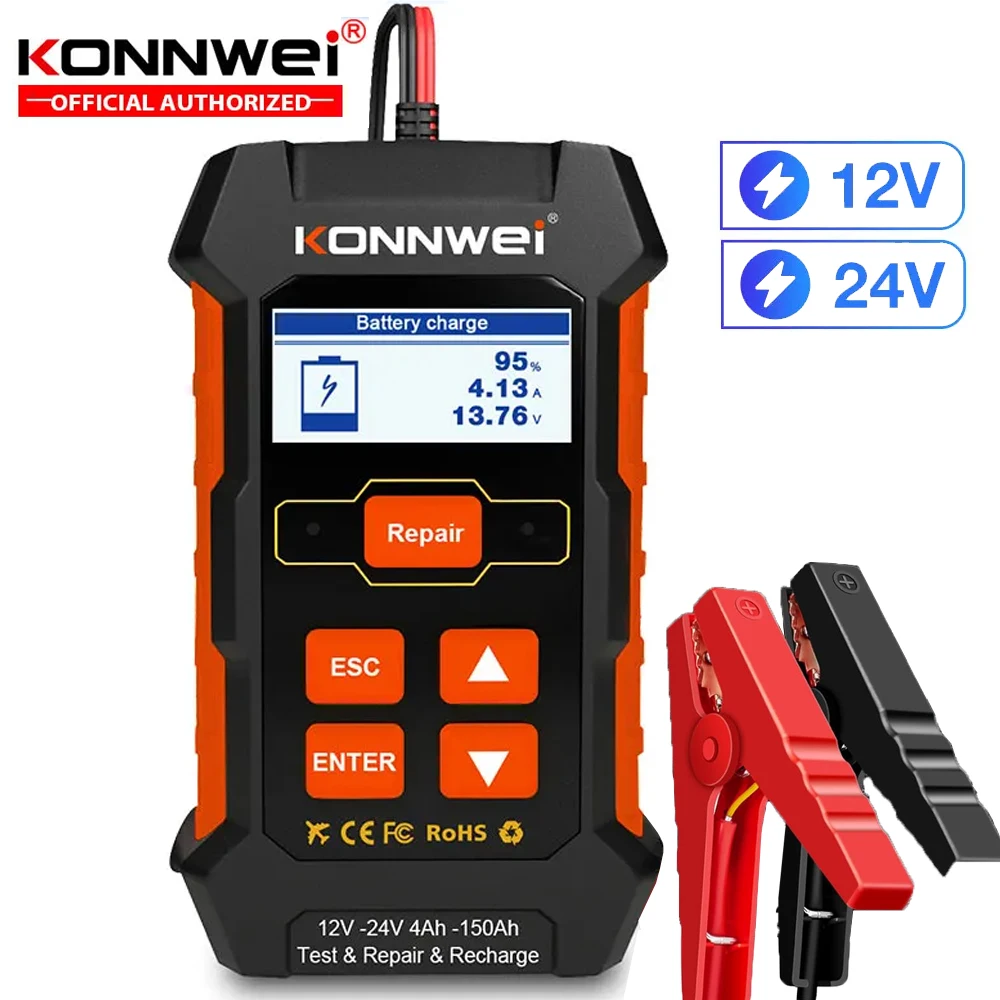 KONNWEI KW520 12V 10A 24V 5A Automatic Car Truck Battery Tester Charger Lead Acid Car Battery Pulse Repair Tool AGM Gel Lithium