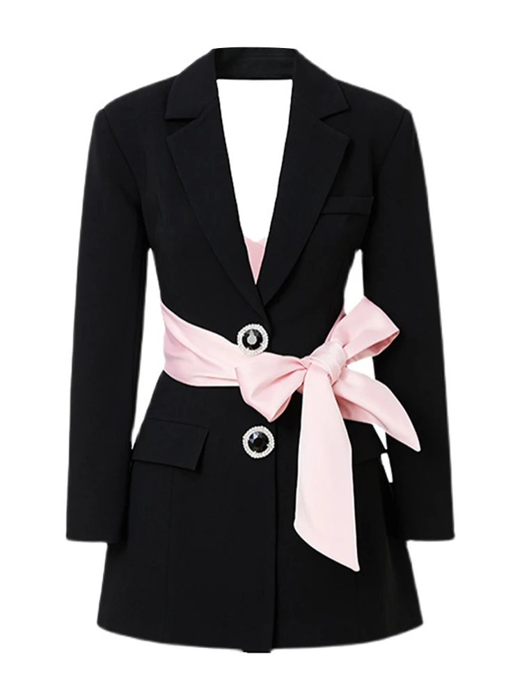 VGH eleganti Blazer Patchwork Bowknot per donna colletto dentellato manica lunga impiombato monopetto temperamento Blazer femminile nuovo