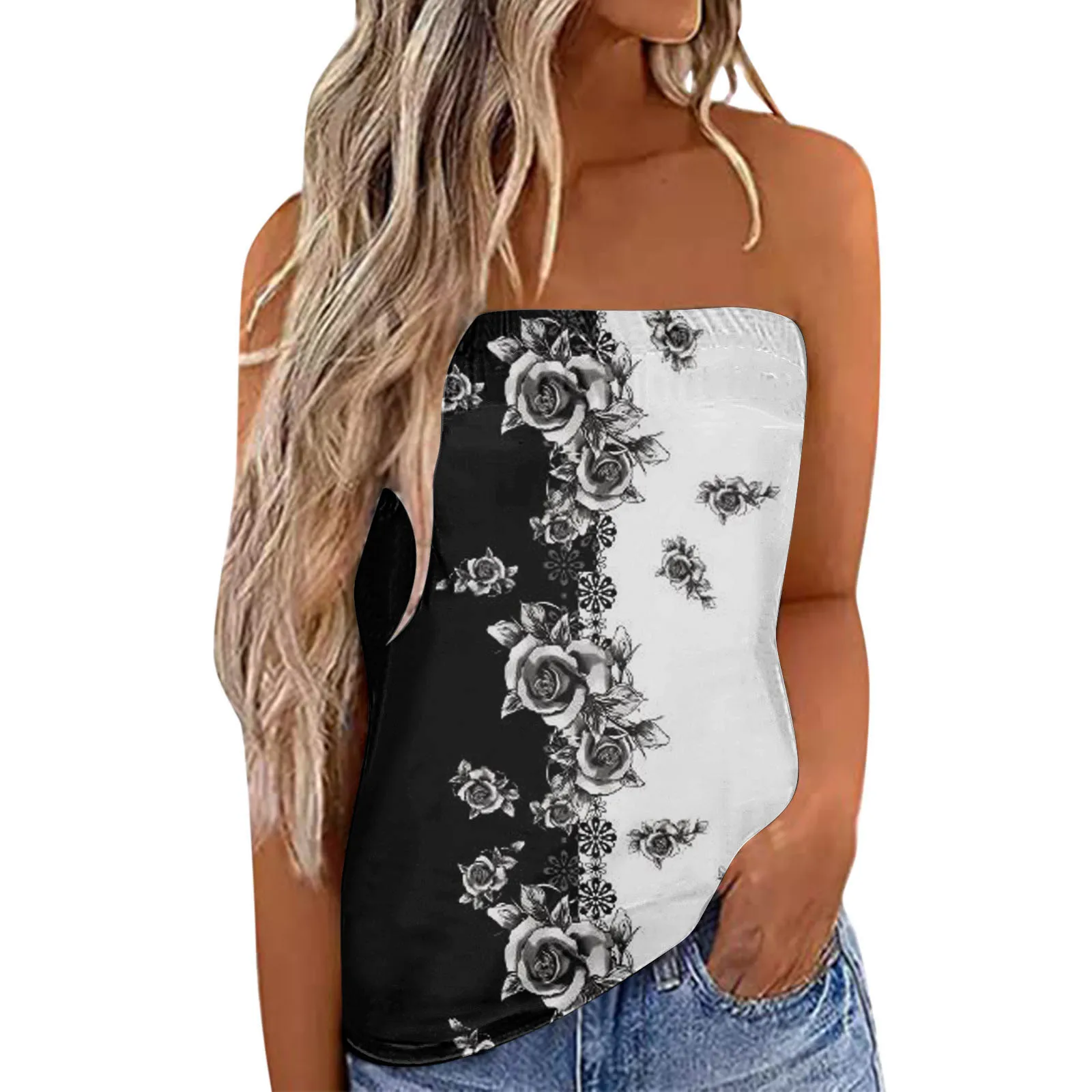 

Women Flower Print Color Tube Top Loose Casual Loose And Comfortable T Shirt Vest Top Holiday Blouse Women Tanks Top Bandeau Top